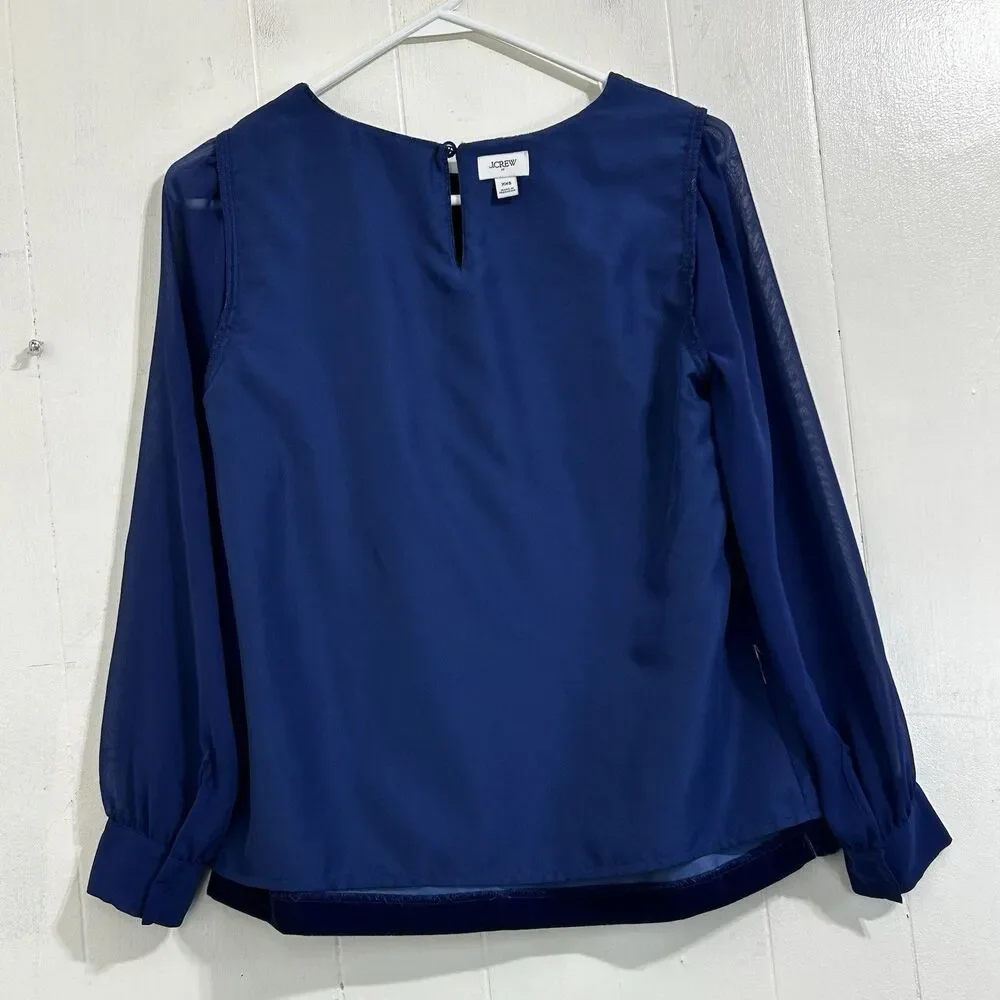 J.Crew Velvet Puff-Sleeve Top Size XXS Blue Round Necklace Pullover Blouse Top